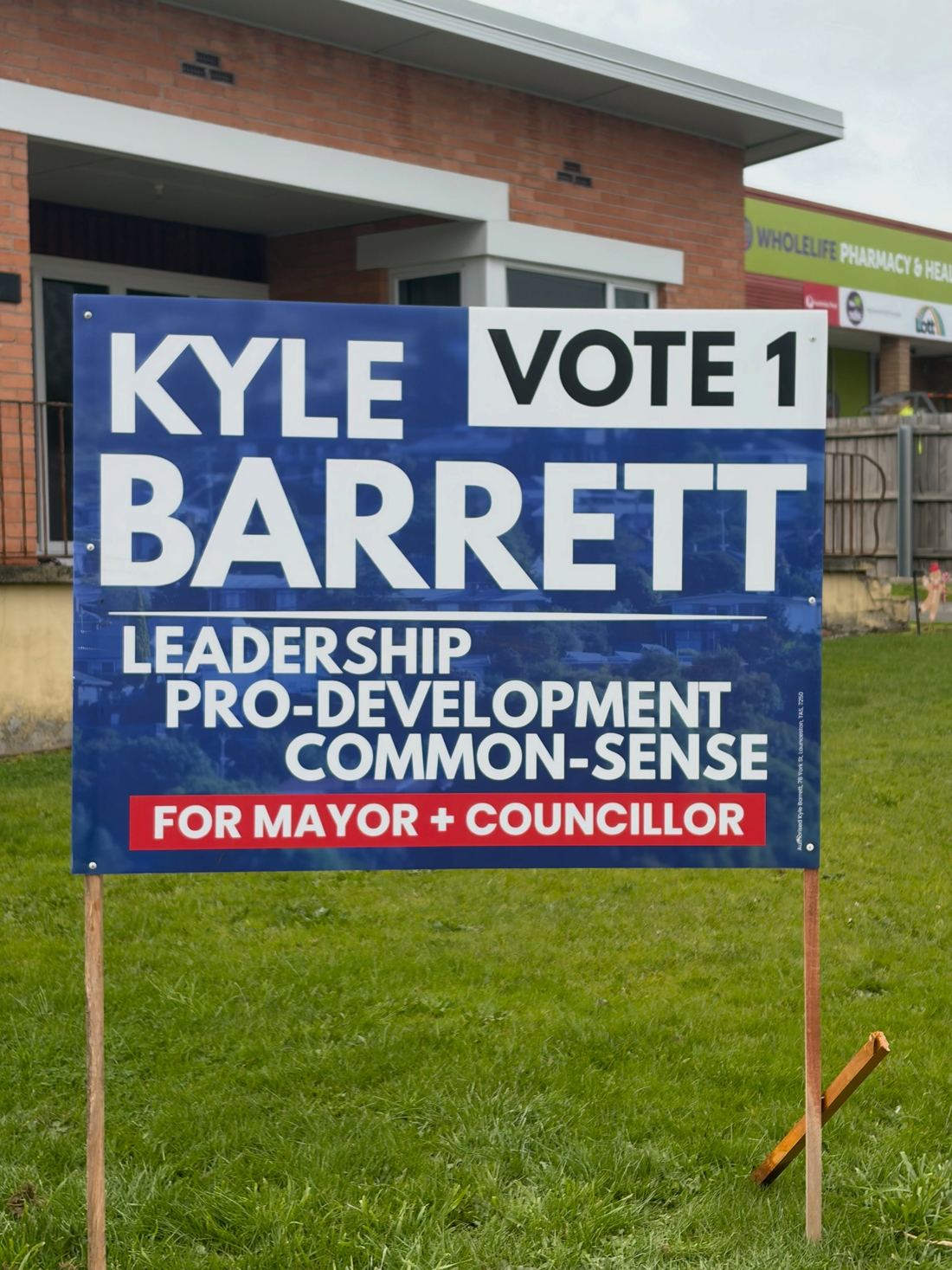 Kyle Barrett campaign sign on a Launceston street